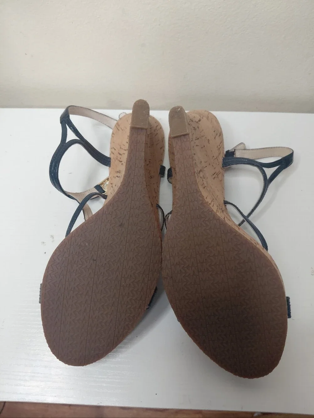 Michael Kors Cicely Navy Leather T-Strap Cork Wedge Sandals